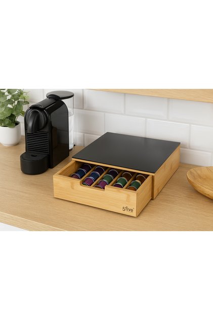 5Five Blackbamboo държач за капсули за кафе, с чекмедже, бамбук и стъкло, 30x30x10 см