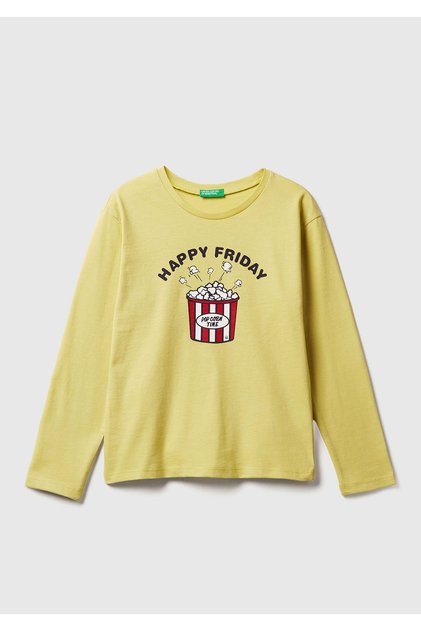 Girl's Mustard Front Printed Ribbed Collar Relaxed Fit Long Sleeve T-Shirt