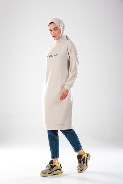 Women's Stone Color Zippered High Collar Pocketed Soft Textured Hijab Sports Tunic Dress _2290