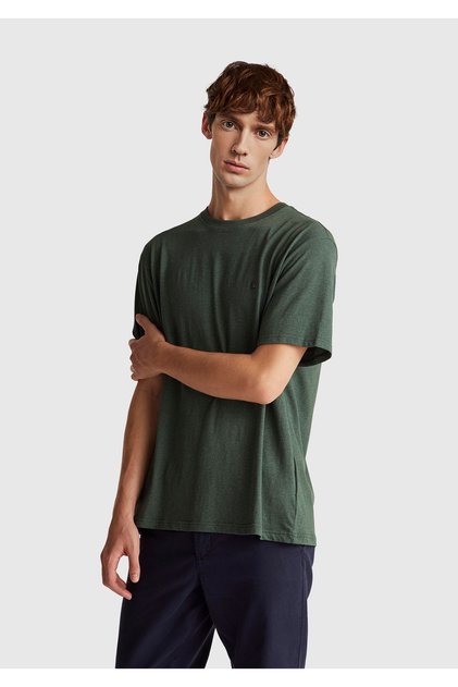 Men's Green 100% Cotton Logo Embroidered Crew Neck T-Shirt