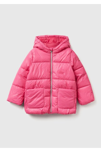 Girl's Pink Sleeve Logo Detailed Patch Pocket Hooded Synthetic Padded Coat