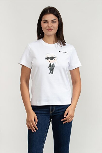 Karl Lagerfeld Ikon Aquarelle K Kadın Bisiklet Yaka T-Shirt Beyaz