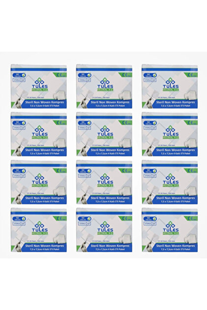 Steril Non Woven Kompres 7,5 cm x 7,5 cm 4 Katlı (5’li Zarf) 100’lü Kutu - 12 Kutu