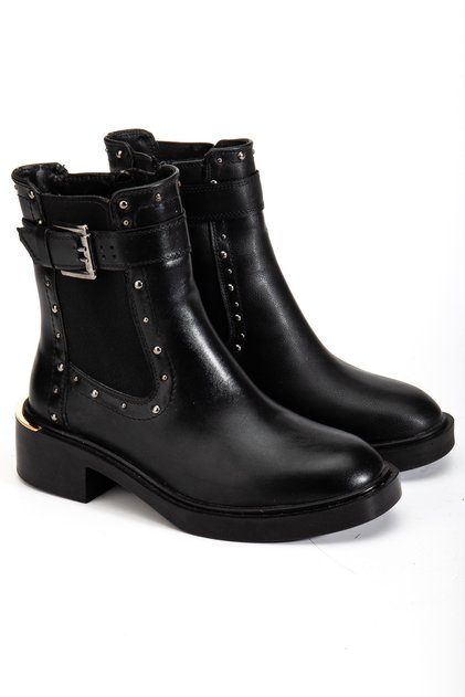 Women's Black Shiny Belt Buckle and Stud Detailed Zippered Boots