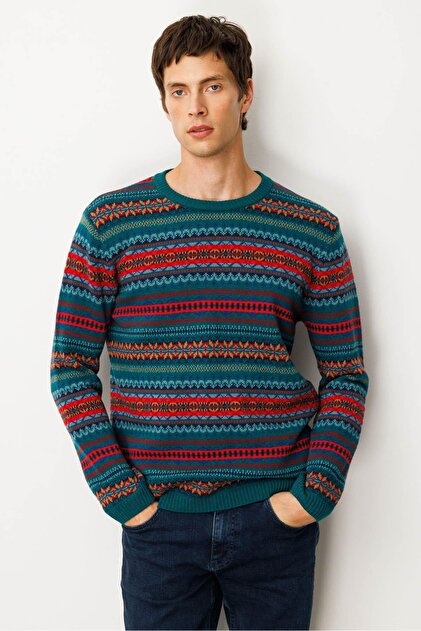 Men's Crew Neck Jacquard Wool Sweater Early 2000S