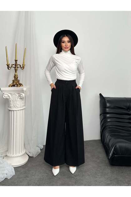 Pleated High Waist Wide Leg Modal Fabric Palazzo Pants 8039 - Black