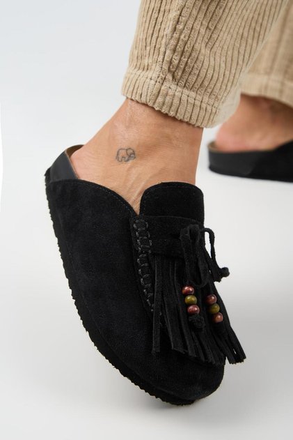 Malinda Women's Genuine Leather Tasseled Bead Detailed Sabo Black Slippers
