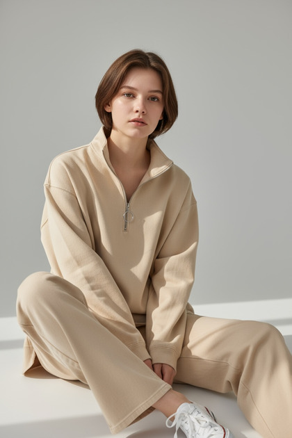 Half Zippered Original Linen Double Sweatshirt and Pants Set - Beige