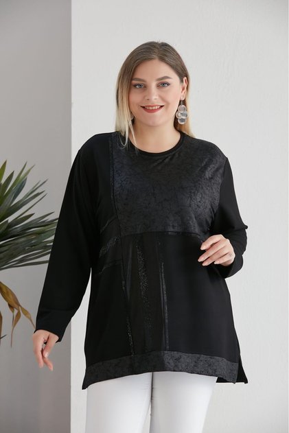 Women's Plus Size Black Stylish Leather Stone Detailed Blouse