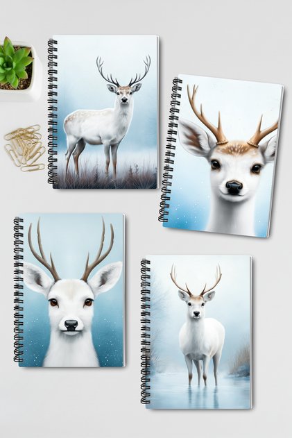 White Deer Winter Themed Design Wire Spiral A5 Unlined 4-Piece Souvenir, Memory, School Notebook Set