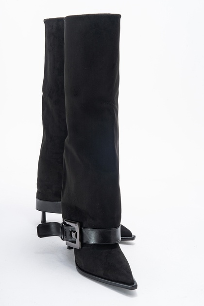 Elva Black Suede Belt Buckle Women's Thin Heeled Boots