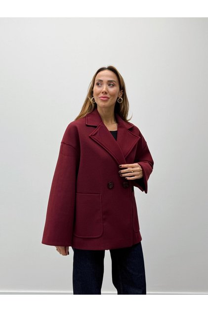 Kadın Tone Bordo Düğmeli Premium Kaşe Kaban