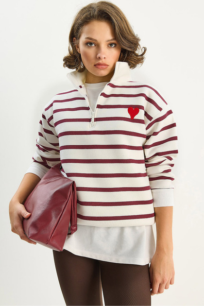 Damen-Sweatshirt mit Stehkragen, weißem, burgunderrotem Herz-Stickerei und halbem Reißverschluss, gestreift, 6089 60283714