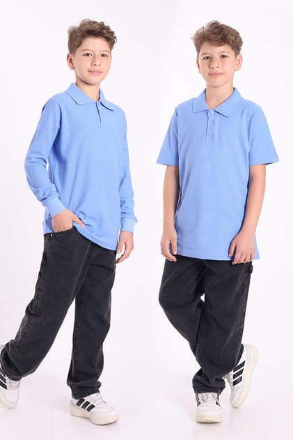 Unisex Children's Polo Neck School T-Shirt Basic Short Sleeve 2-Piece School Long Sleeve T-Shirt 5-16 Years Old Blue