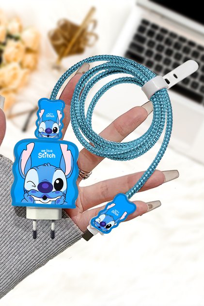 iPhone 20W Uyumlu Stitch Şeffaf Şarj Başlığı Adaptörü Koruma Kablo Koruyucu Kılıfı 5'li Koruma Seti