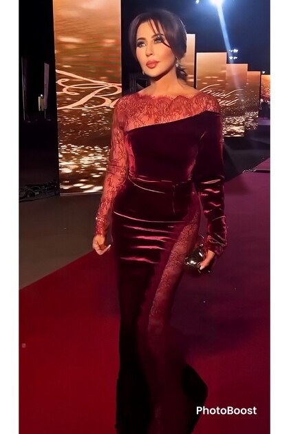 Dark red velvet dress with sheer lace collar and sleeves.