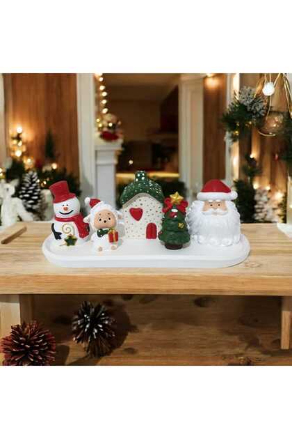 Noel Köyü Tealight Dekor – Kardan Adam, Noel Baba, Ev, Kuzu ve Çam Figürlü El Yapımı Taş Tozu Set