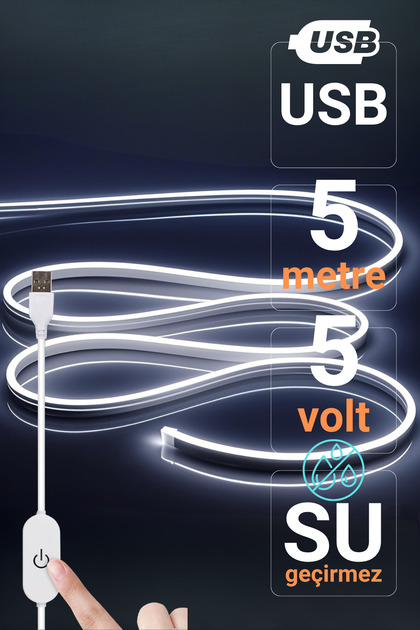 5V USB Beyaz Neon Led Şerit Işık 5 Metre Silikon Esnek Su Geçirmez Dekoratif Aydınlatma