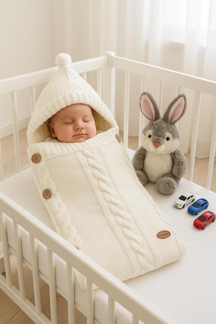 Knitted Baby Blanket and Swaddle with a Soft, Well-Softened Interior. Note: the Buttoned Version Is Adjustable.