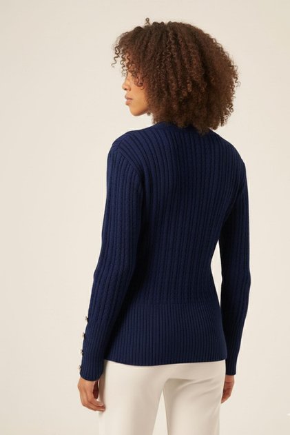 Women's Braided V-Neck Knitwear Cardigan Dark Blue 25168
