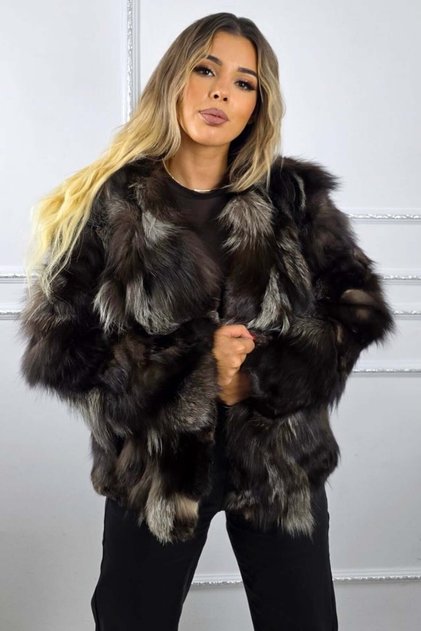 Jachetă din blană de vulpe FELYNA, cu închidere metalică, Negru/Gri, Mărime S/M/L