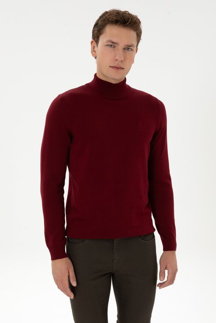 Men's Slim Fit Half-High Collar Burgundy Basic Sweater 50307783-Vr014