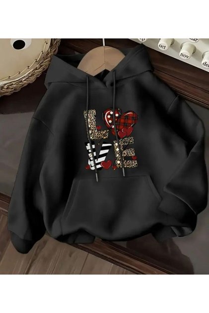 Love Text Detailed K Hooded Sweatshirt with Fleece Inside
