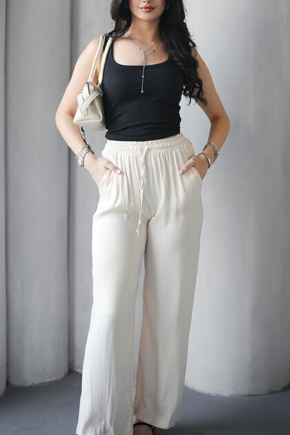 High Waist Lace-Up Pocketed Satin Trousers - Cream