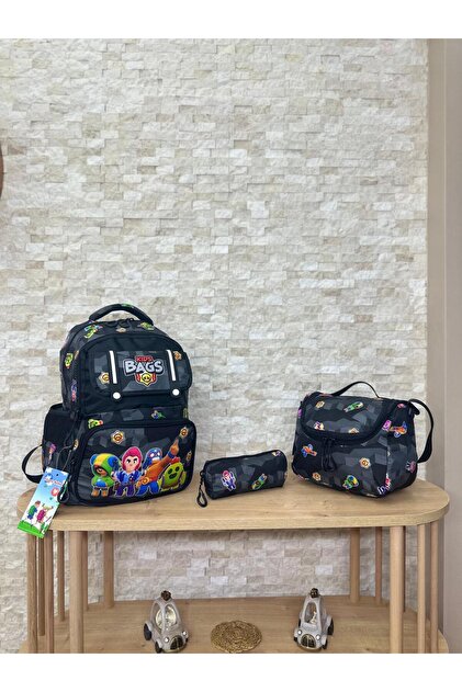Brawl Stars Character Orthopedic Boys' Primary School Backpack Set with Thermal Lunch Box and Pencil Case, 3-Piece Set