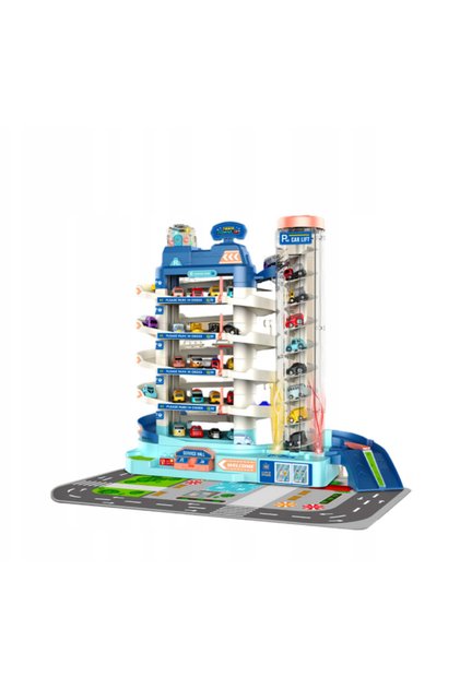 Parcare auto multietajată cu lift și tobogan – set complet cu mașinuțe și accesorii