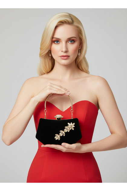 Black Color Suede Stone Pearl Detailed Handle Women's Evening Dress Bag Wedding Engagement Graduation