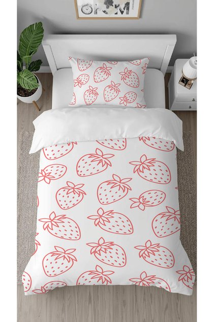 Strawberry Fruit Pink White Patterned Printed Special Design Single Modern Stylish Duvet Cover Set Without Sheets