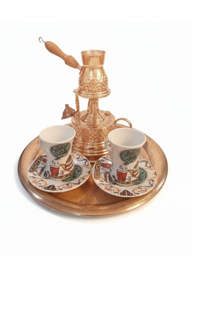 7-piece Turkish coffee set, handmade from pure copper, stove, pot, tray, and 2 porcelain cups printed with saucers