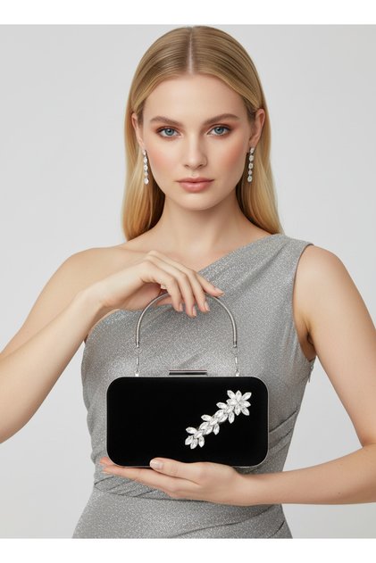 Elegant Black Suede Evening Bag |   Silver Crystal Stone Evening Clutch