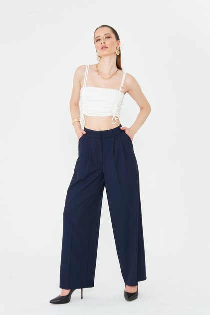 Pants Women's Trousers Front Pleated Wide Leg Pants Stretch Fabric Loose Fit Casual Navy Dark Blue Color
