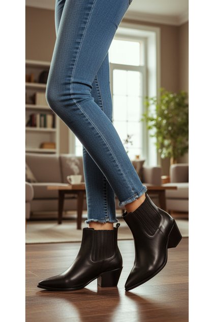 Women's Black Matte Pointed Toe Slip on Thick Short Heeled Elastic Stylish Western Cowboy Boots Shoes