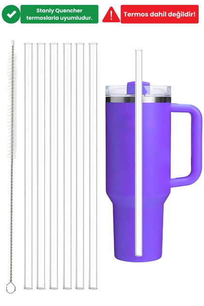 6 Adet 30 cm Şeffaf Stanly Quencher Uyumlu Tritan Pipet Ve 1 Adet Temizleme Fırçası
