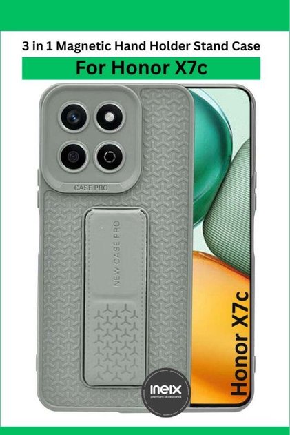 For Honor X7c - Semi Soft Silicone Magnetic Back Stand Case With Foldable Kickstand & Finger Strap