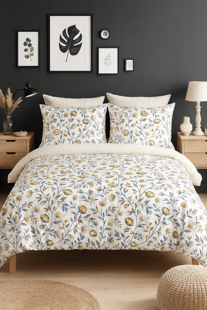 Double Duvet Cover Set with Fitted Sheet Zümrüt Cream