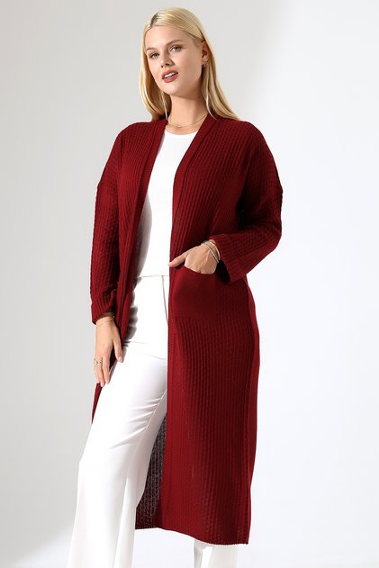 Kadın Bordo Uzun Oversize Cepli Rahat Kalıp Triko Hırka