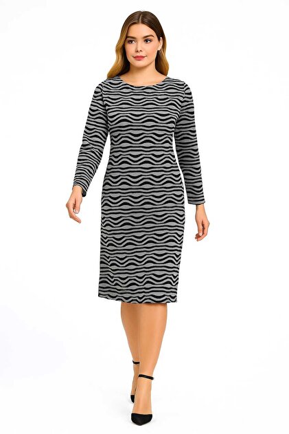Women's Plus Size Grey-Black, Crew Neck Patterned Dress 65N39206