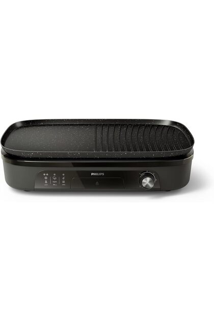 Table Grill Model HD6210/90, made of alloy steel, black, 2400W, with temperature control, ribbed/flat plate, Maifan coating, removable plates, dishwasher-safe parts, 45% less smoke