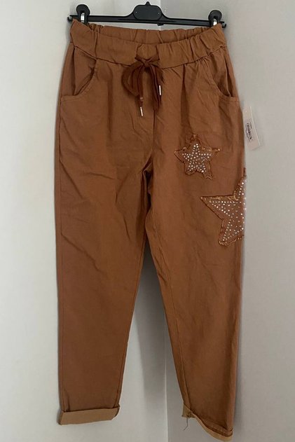 Women's Italian Cappuccino Elasticated Stone Embroidered Detailed Star Patched Trousers