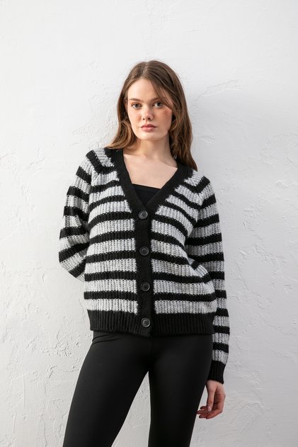 Striped Relaxed Fit Knitwear V-Neck Women's Knitwear Cardigan – Soft Textured Stylish Cardigan - Black Gray