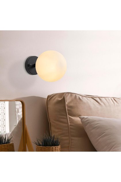 Atmaca Modern Single White Globe Glass Sconce Black, Decorative Wall Lighting Atmaca-10230