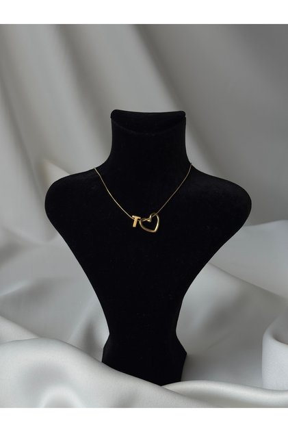 Heart Detailed Gold Color Steel Letter Necklace