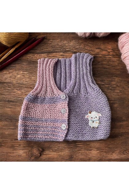 Baby Hand Knitted Vest Lilac -Pink Glitter Thread Lamb Embroidery Decoration 0-9 Months