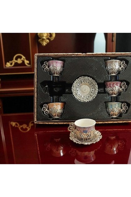 Porselen Kahve Fincan Takımı Bakır Çiçek Desenli Fincan Takımı 6'lı Set Kutulu Hediyelik Fincan Seti