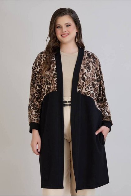 Women's Plus Size Top Leopard Print Side Pockets Wide Cut Batwing Sleeve Open Front Viscose Stretchy Cardigan