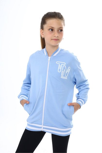 Blue Girl's College Collar Zippered Off Shoulder Printed Knitted Cardigan - 2 Thread